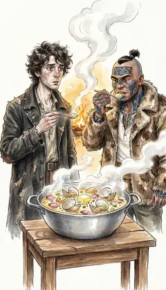 Then it comes: a steaming pot of chowder, the best either man has ever tasted. Tiny clams, pounded biscuit and salt pork, rich with butter and pepper. After the cold crossing, it warms them clean through to the marrow. They eat without a word, and vow to have chowder again at breakfast.