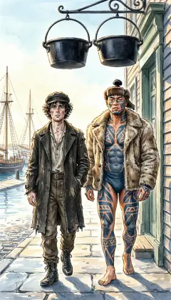 Morning. Bellies full and the chowder still warm in them, the two step into the street. Above the door hang the two great iron try-pots that give the house its name. Now a new task calls: find a whaling ship and sign their names aboard.
