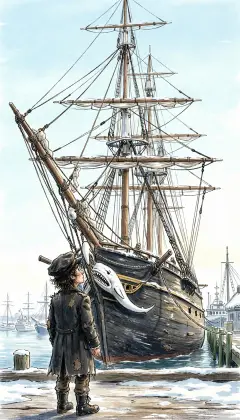 I wander the wharves and find her: the Pequod, a rare old craft of the old school. Queequeg's little god Yojo decreed that I alone must choose our ship. Darkened and noble, her rails set with the white teeth of sperm whales. A cannibal of a ship, dressed in the bones of her enemies. This is the one.