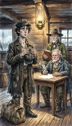 Below deck in the Pequod's dim cabin, Ishmael waits, hat in hand. Two old Quaker captains, Peleg and Bildad, will set his pay. No wages here. A whaleman earns only a 'lay': a share of the voyage.