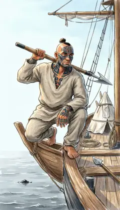 His fast broken, Queequeg comes down to the Pequod to sign on. Peleg doubts a cannibal can throw straight. Queequeg crouches in the swinging whaleboat, harpoon drawn back. Far out on the grey water floats one tiny bead of tar. "Spose him one whale eye," he says, taking aim. "Well, den!"