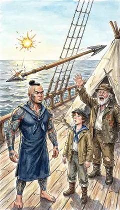 The iron flies clean across the deck and splits the drop of tar. "Dad whale dead!" Queequeg calls. Peleg roars: "Quick, the papers! We'll give ye the ninetieth lay!"