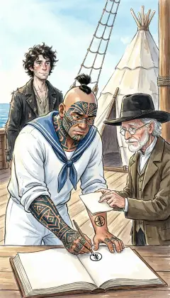 Queequeg signs the papers with the round mark from his arm. Old Bildad presses a little tract into his hand, to save his soul. Both shipmates are bound to the Pequod now.
