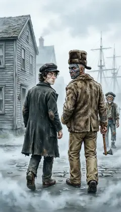 We shake him off as a humbug and walk on. "Morning to ye, shipmates. God pity ye." Yet round the corner he is dogging us still, never gaining, never gone. His shrouded words breed a hundred shadowy fears about the voyage ahead.