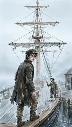 At grey dawn we climb aboard the Pequod. The ship lies wrapped in a deep, waiting hush. On the wharf, mad Elijah hails us one last time with his cracked warnings. Ahead of us, four or five shadowy men slip quietly aboard and vanish below.