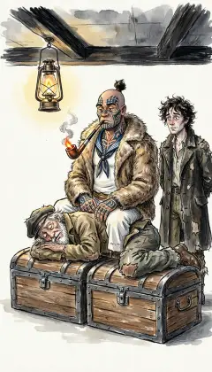Below decks, an old rigger sleeps face-down across two sea-chests, dead to the world. Queequeg sits calmly on the man's back as on a couch, puffing his tomahawk-pipe. "Gracious! Queequeg, get off, the poor man can hardly breathe!" "Oh! perry dood seat," he says. "My country way; won't hurt him face."