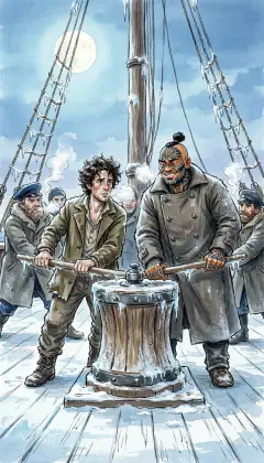 A short, cold Christmas. The crew tramps round and round the capstan. Ishmael heaves at the icy bars, breath steaming, half-frozen and half-thrilled. Beside him Queequeg leans his whole weight and laughs inside: this is the work his arm was made for.