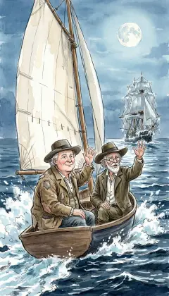 Loath to leave, the two old captains climb down into the pilot-boat. "God bless ye, and keep ye, men," calls Bildad as they pull for shore. Three heavy-hearted cheers, and the icy old ship plunges like fate into the lone Atlantic.