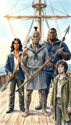 On the Pequod's deck, three islanders stand together, harpoons in hand. Queequeg, Tashtego, and towering Daggoo: the hunters of the ship. Off to the side, Ishmael watches them, struck with wonder.