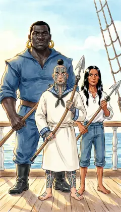 Queequeg is Starbuck's squire; Tashtego, Stubb's; Daggoo, Flask's. Tashtego's fathers hunted whales from canoes off the Vineyard. Daggoo, tall as a mast, his gold hoops swinging, bows to no man. Kings in their own lands, now hunters along one keel.
