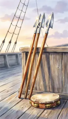 Three bright irons stand racked and waiting for the hunt. Nearby, a battered tambourine: little Pip, the gentle cabin-boy. All these men serve one master, still unseen below. Climb at last to the quarter-deck, where the captain awaits.