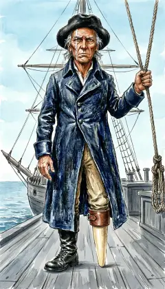 The first morning the sky clears, Captain Ahab is standing on his quarter-deck. He is gaunt and bronzed, cut like a man pulled half-burned from a fire. One hand grips a shroud. He gazes straight out past the pitching prow.