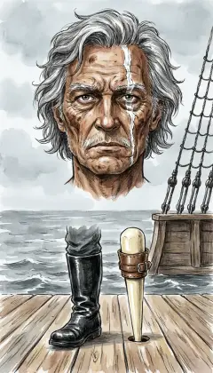 A pale scar threads from his grey hair down the whole length of his face. Where one leg should be stands polished bone, carved at sea from a whale's jaw. He sets it in a hole bored in the plank and stands for hours, unmoving.