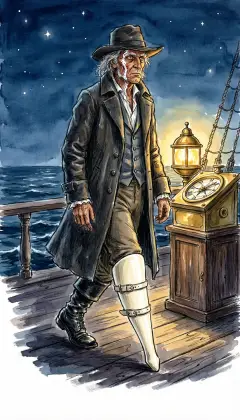 Past midnight, old Ahab paces the deck and cannot rest. His ivory heel cracks hard on the planks, again and again. Below, the sleeping crew dream of sharks' teeth.