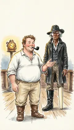 Easygoing Stubb dares a word: might the captain muffle that awful step? Ahab turns on him like a powder-flash. "Down to thy grave, dog, and kennel!" he roars. Stubb recoils, stung, half wanting to strike, half to pray.