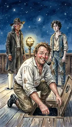 Stubb creeps down the narrow scuttle, silent and shamed. From the shadows, Ishmael watches the strange quarrel end. The deck is left to the old man alone. He calls for his pipe and smokes beneath the indifferent stars.