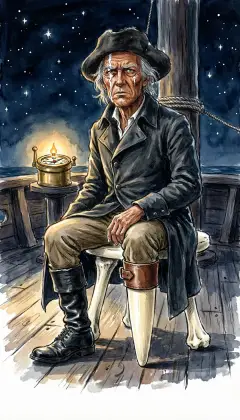 Late at night, Ahab sits alone on the dark deck. His stool is a tripod of pale whalebone: the throne of an old sea-king. He lights his pipe at the binnacle lamp and draws a slow, troubled puff.