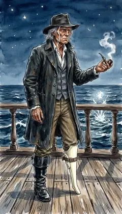 "I'll smoke no more." He flings the pipe into the sea. It hisses out in a single bubble. With slouched hat, Ahab paces the planks alone in the dark.
