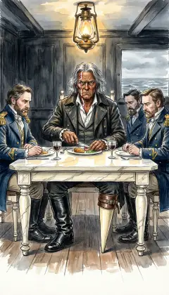 At the head of the long ivory table sits Captain Ahab, grim and silent. He carves the dinner like a maned sea-lion among his hushed officers. No one dares to speak. The cabin holds its breath.