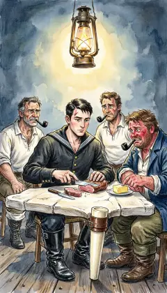 Starbuck takes his meat like a beggar taking alms, chewing without a sound. Stubb stifles in the silence, longing for any small noise. And little Flask, smallest and hungriest, never dares touch the butter.