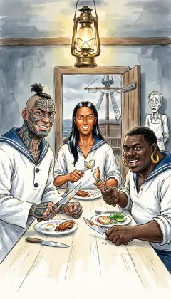 When the mates withdraw, the three harpooneers fall on the same table. They feast with wild, jingling, lordly ease, terrifying poor Dough-Boy. Then dinner is done, and your own lonely turn at the mast-head comes round.