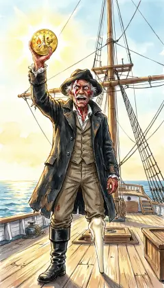 Late golden light on the Pequod's deck. Old Ahab lifts a bright Spanish gold coin to the sun. He hammers it fast to the mainmast. "Whoever first raises a white-headed whale, wrinkled brow, crooked jaw, wins this gold!"