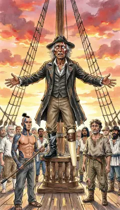 At blood-red sunset, Captain Ahab rings the whole crew around the capstan. He stands at the center, wild-eyed, on his one white ivory leg. "Ring me in," he cries, "and I will revive a custom of my fathers."