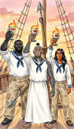 The three harpooneers wrench the barbed irons from their poles. Turned point-up, the sockets become goblets, brimmed with grog hot as Satan's hoof. Queequeg, Daggoo, and Tashtego lift their steel cups, ready to swear.
