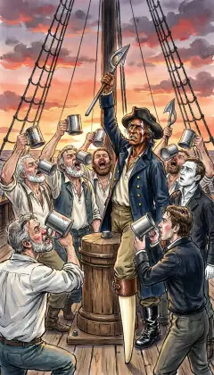 They drink, and shout death to Moby Dick the white whale. Against his will, the fiery oath spirals through Ishmael. The crew is one with Ahab's hate. Only Starbuck pales and turns away: this is one man's vengeance, not a hunt.