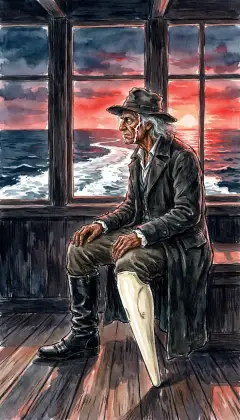Ahab sits alone at the stern windows as the sun bleeds red into the sea. Behind the ship his wake unrolls, pale and turbid across the darkening water. "Pale waters, paler cheeks, wherever I sail," he murmurs.