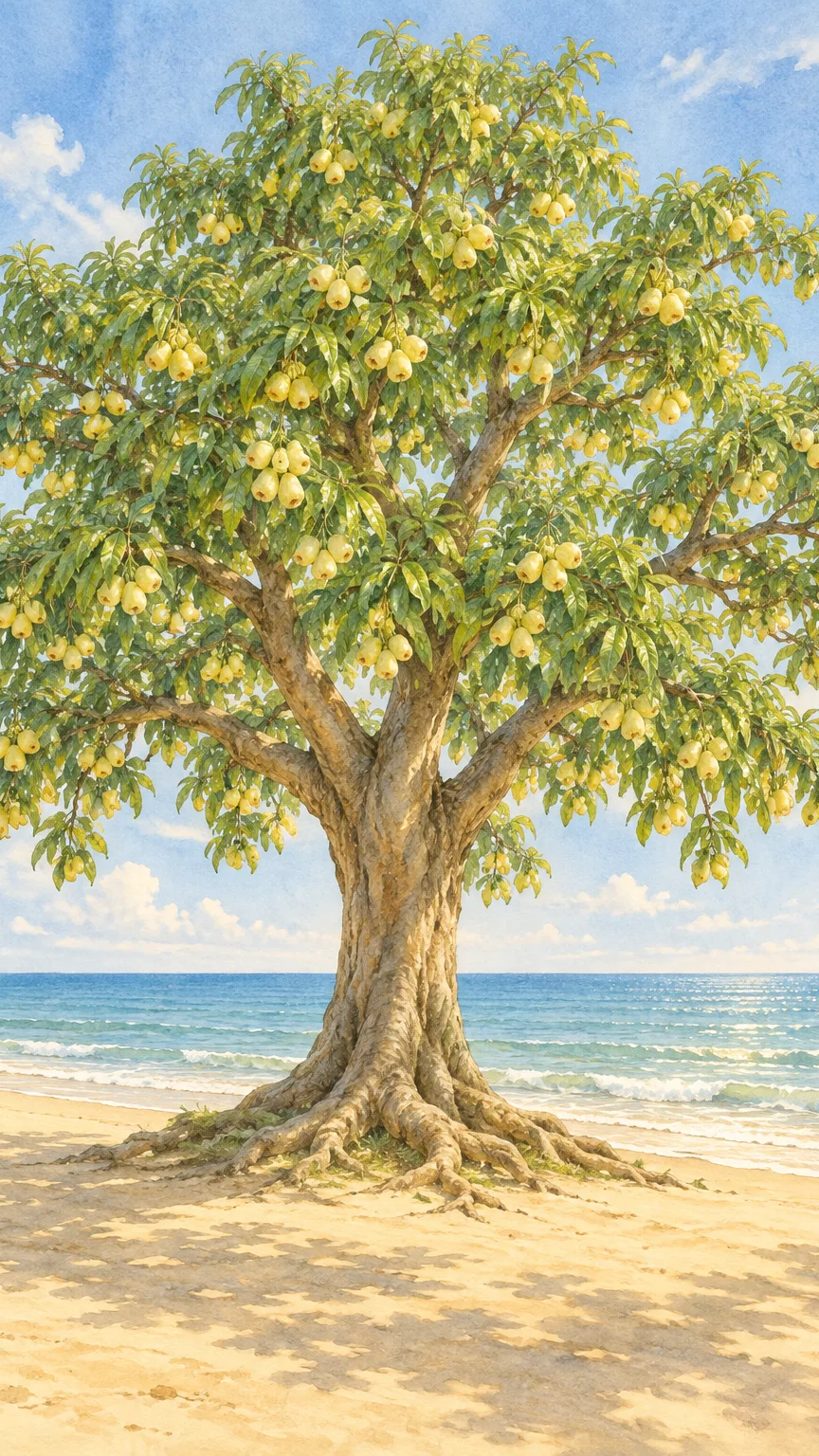 On the shore of the sea was a great rose-apple tree that was never without fruit.