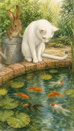 Eine weiße Katze starrte ein paar Goldfische an,