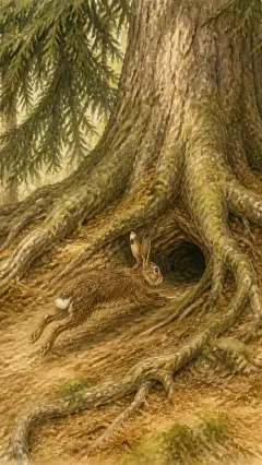 Peter rannte ohne anzuhalten und ohne sich umzusehen, bis er zu Hause bei der großen Tanne ankam.