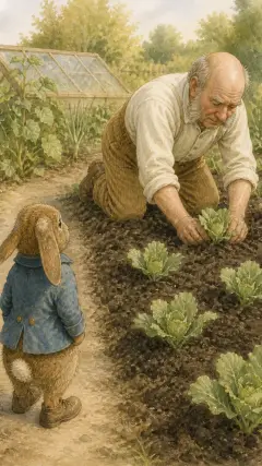 האדון מקרגור עמד על ארבע ושתל שתילי כרוב צעירים,