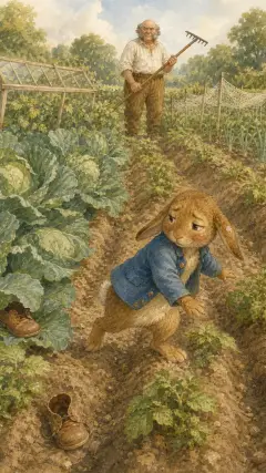 He lost one of his shoes among the cabbages, and the other shoe amongst the potatoes.