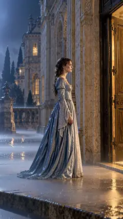 the water trickled down from her hair, and her clothes clung to her body.