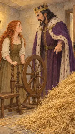 und sagte: „All das muss bis zum Morgen zu Gold gesponnen sein, wenn dir dein Leben lieb ist.“