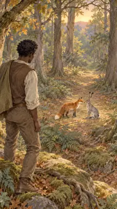 zwischen den Bäumen des Waldes, wo Fuchs und Hase einander gute Nacht sagen,