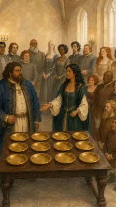 aber da der König und die Königin nur zwölf goldene Teller hatten, von denen die Feen essen konnten, mussten sie auf die Einladung einer der Feen verzichten.