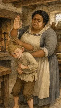 und die Köchin, die gerade den Küchenjungen an den Haaren zog, um ihm eine Ohrfeige zu geben, weil er etwas falsch gemacht hatte,