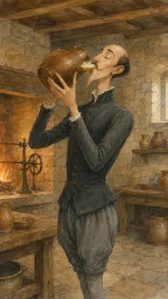 schlief mit dem Krug an den Lippen ein: