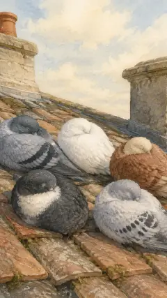 und auf dem Dach saßen die Tauben und schliefen tief und fest, die Köpfe unter den Flügeln.