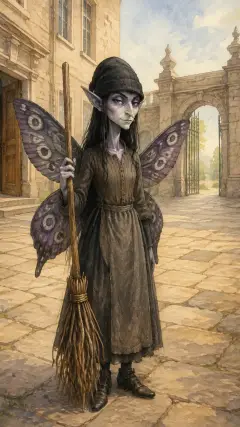 and black shoes on her feet, and a broomstick in her hand: