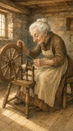 and there sat an old lady spinning away very busily.