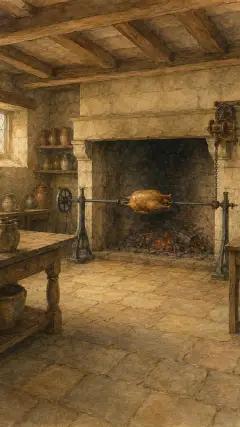 and the spit that was turning about with a goose upon it for the king's dinner stood still;