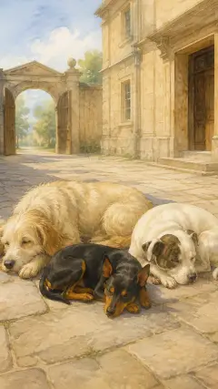 and there in the court lay the dogs asleep;