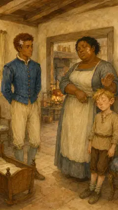 and the cook in the kitchen was still holding up her hand, as if she was going to beat the boy.