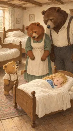 "SOMEBODY HAS BEEN LYING IN MY BED AND HERE SHE IS!" said the Little, Small, Wee Bear, in his little, small, wee voice.