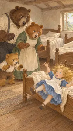 and when she saw the Three Bears on one side of the bed she tumbled herself out at the other,