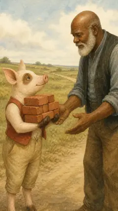 "Please, Man, give me those bricks to build a house with"; so the Man gave him the bricks,